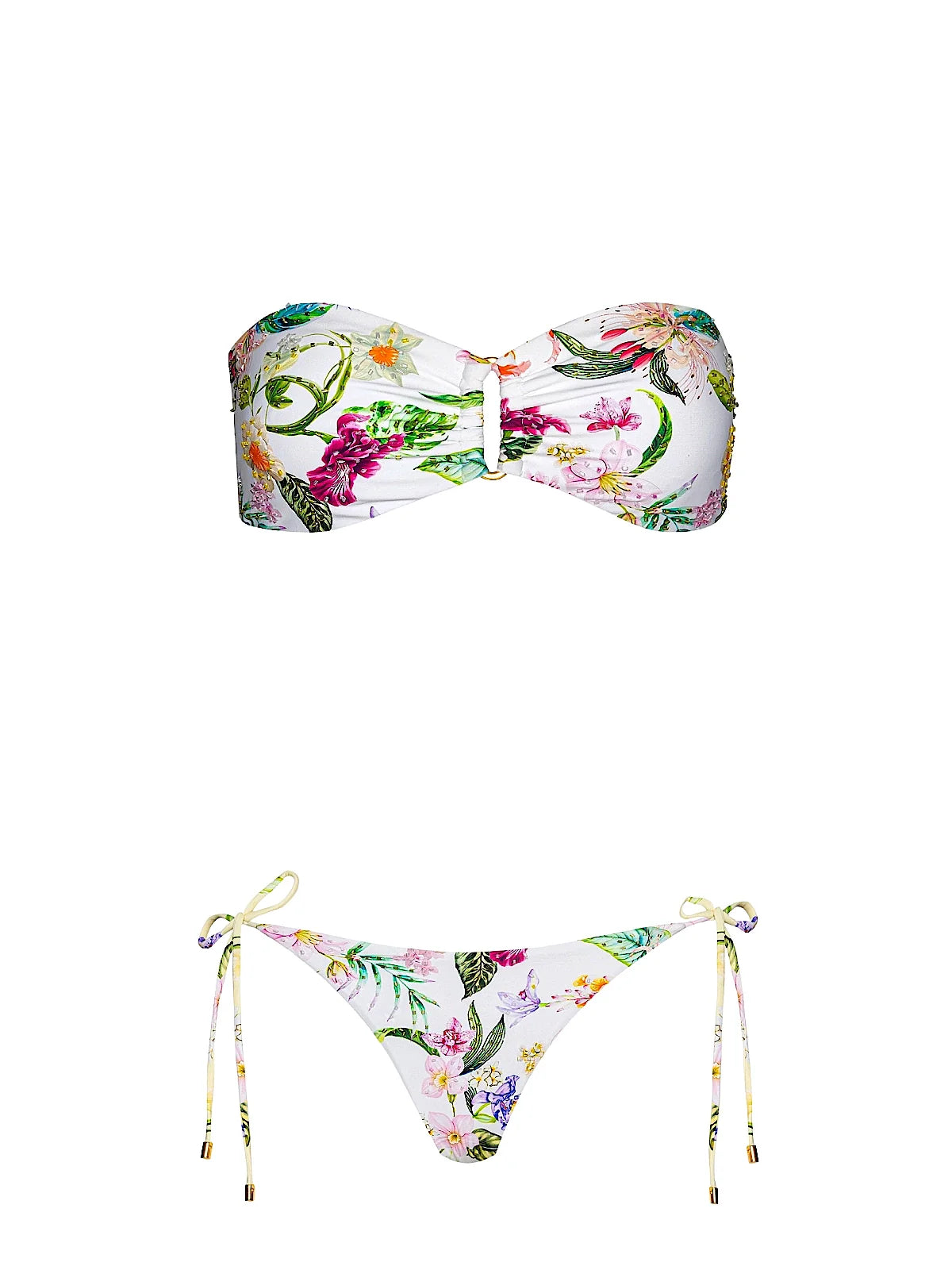 Embroidered Ring Bandeau-Embroidered Tie Side Bikini